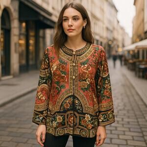 Vintage Jerri Sherman 100% Silk Floral Baroque Tunic Top Blouse 16 plus Boho